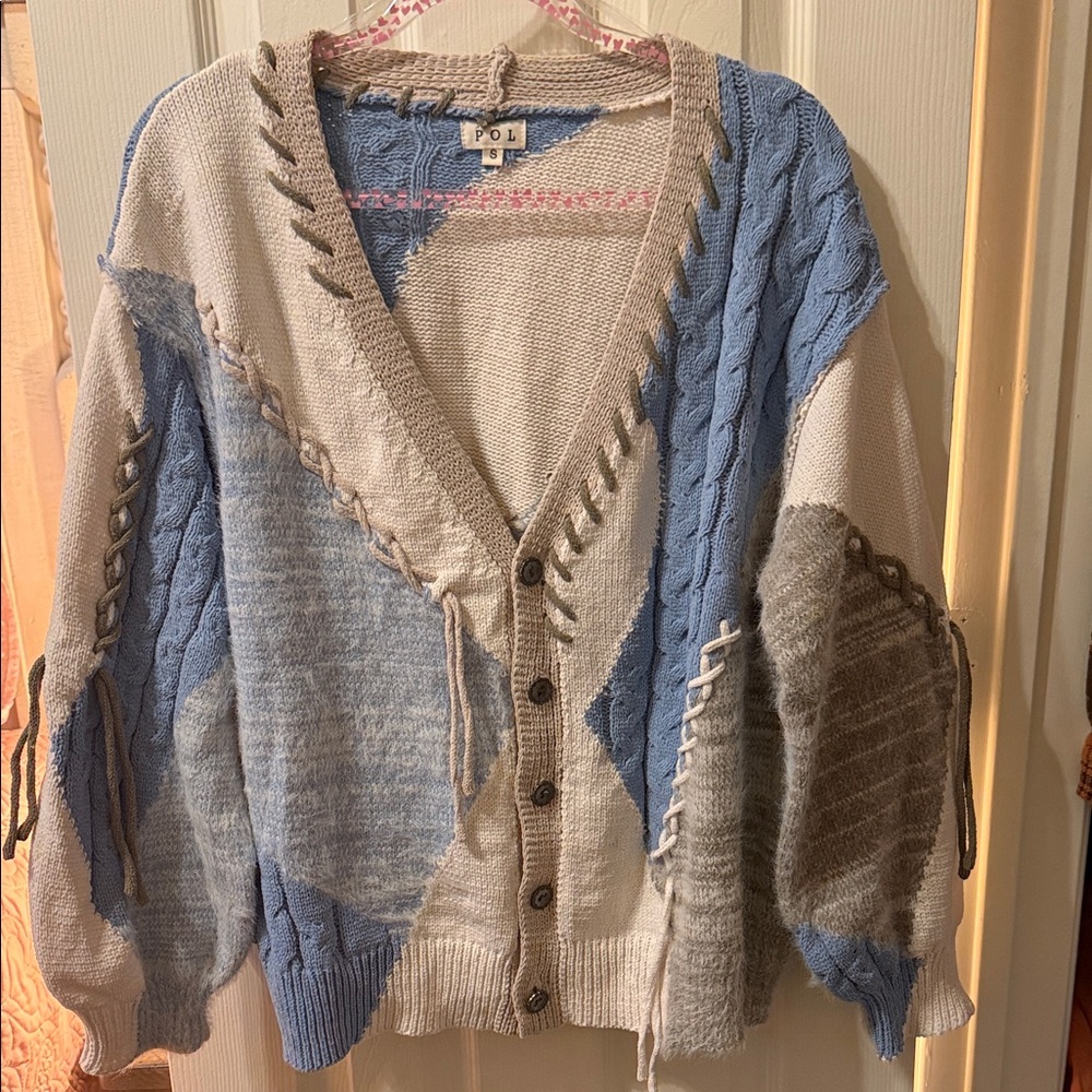 POL Patchwork Cable-Trim Cardigan - Blue, Cream &… - image 1